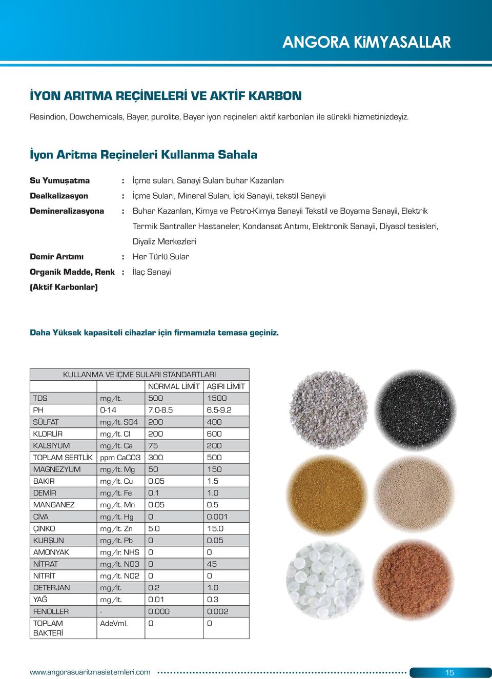 Suları, Mineral Suları, İçki Sanayii, tekstil Sanayii Buhar Kazanları, Kimya ve Petro-Kimya Sanayii Tekstil ve Boyama Sanayii, Elektrik Termik Santraller Hastaneler, Kondansat Arıtımı, Elektronik