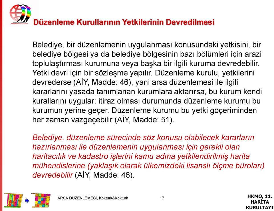 Düzenleme kurulu, yetkilerini devrederse (AİY, Madde: 46), yani arsa düzenlemesi ile ilgili kararlarını yasada tanımlanan kurumlara aktarırsa, bu kurum kendi kurallarını uygular; itiraz olması