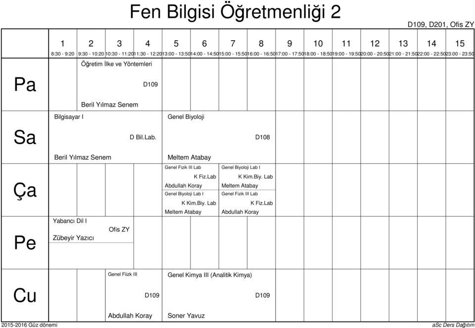 Lab Abdullah Koray Genel Biyoloji Lab I K Kim.Biy. Lab K Kim.Biy. Lab Meltem Atabay Genel Fizik III Lab K Fiz.