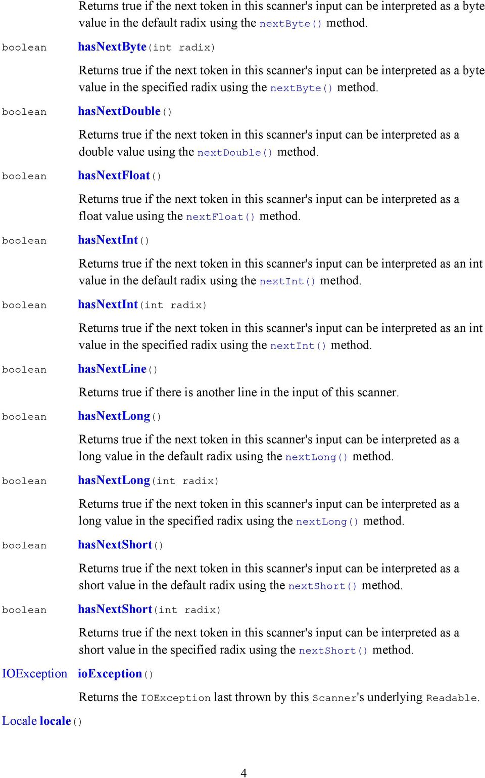 hasnextint(int radix) n int value in the specified radix using the nextint() method. hasnextline() Returns true if there is another line in the input of this scanner.