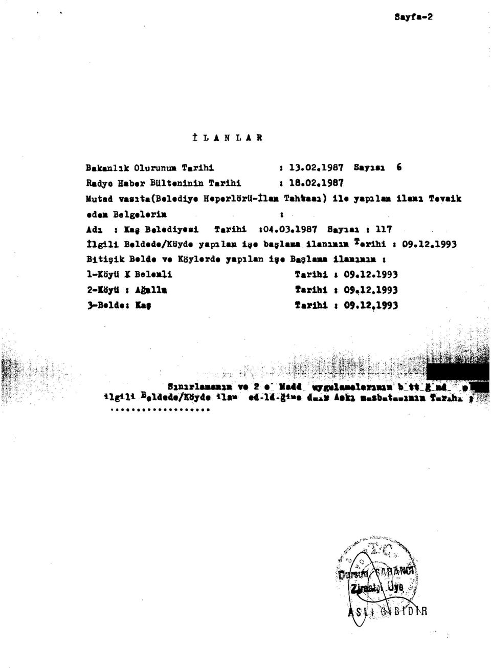 1987 Muted vasita(belediye Heperlörü-İlan Tahtaaı) ile yapılan ilanı Tevaik eden Belgelerin : Adı : Kaş Belediyesi Tarihi :04.03.1987 S.
