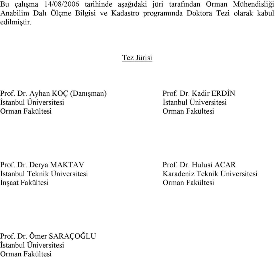 Ayhan KOÇ (Danışman) İstanbul Üniversitesi Orman Fakültesi Prof. Dr. Kadir ERDİN İstanbul Üniversitesi Orman Fakültesi Prof.