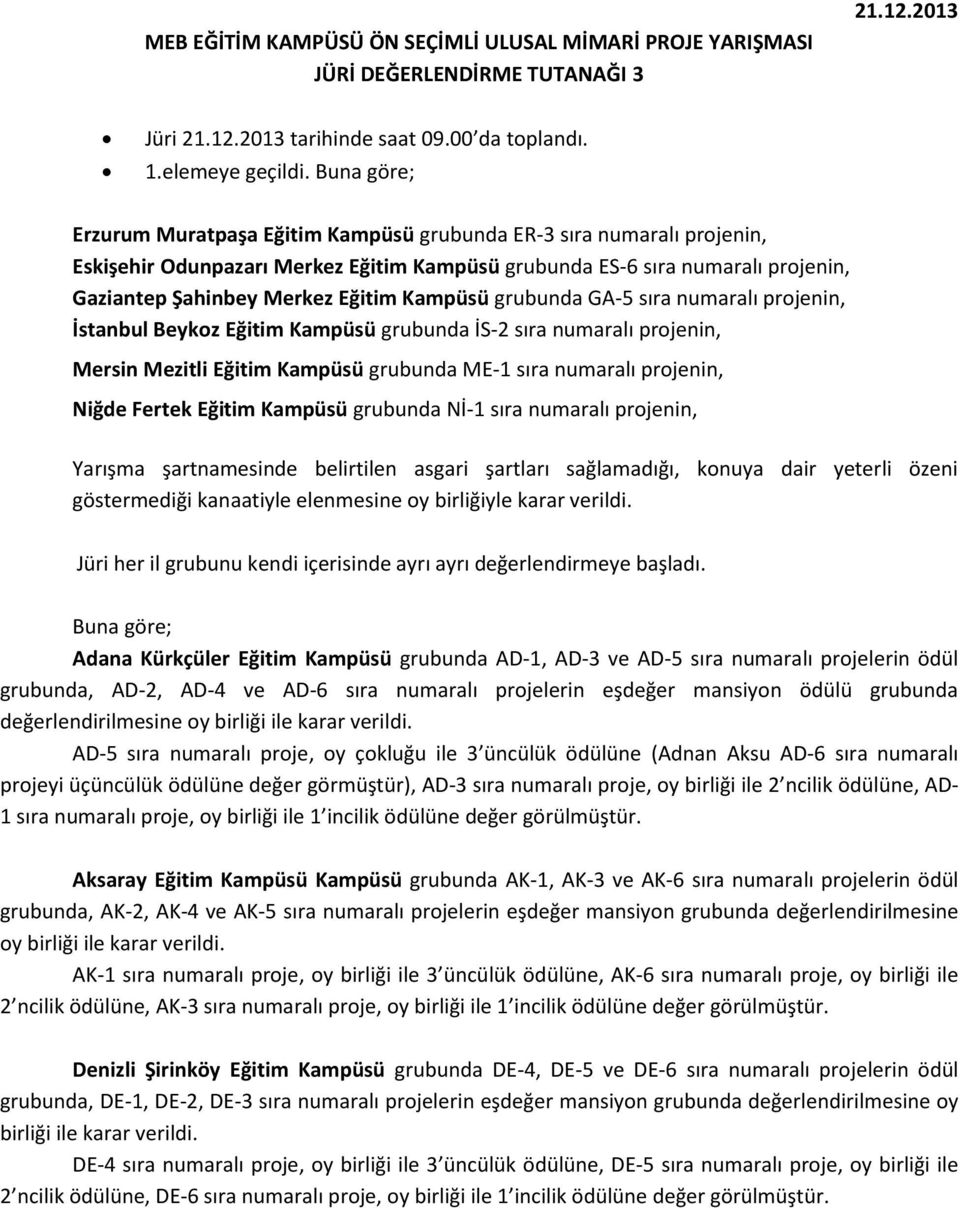 Kampüsü grubunda GA-5 sıra numaralı projenin, İstanbul Beykoz Eğitim Kampüsü grubunda İS-2 sıra numaralı projenin, Mersin Mezitli Eğitim Kampüsü grubunda ME-1 sıra numaralı projenin, Niğde Fertek