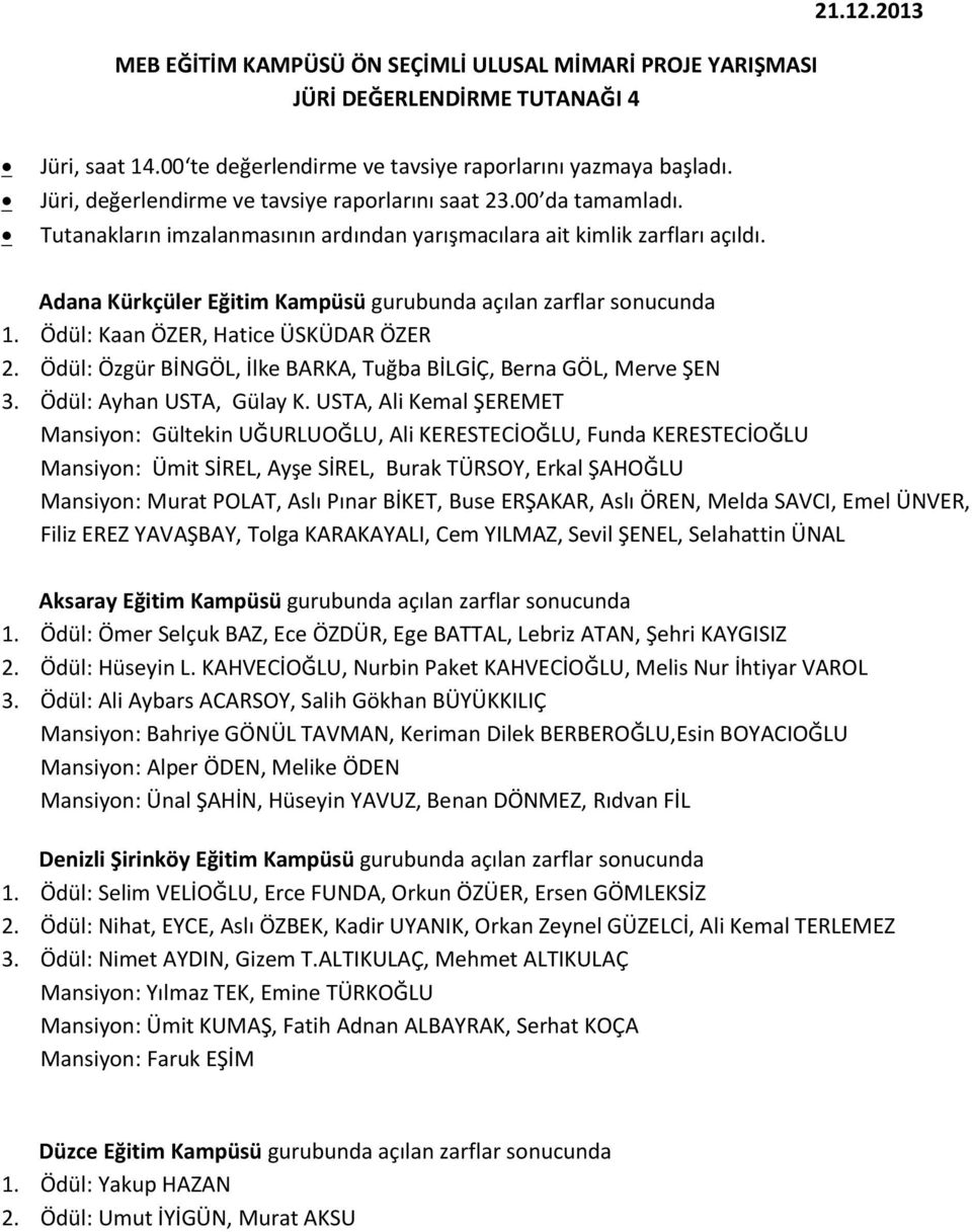 Adana Kürkçüler Eğitim Kampüsü gurubunda açılan zarflar sonucunda 1. Ödül: Kaan ÖZER, Hatice ÜSKÜDAR ÖZER 2. Ödül: Özgür BİNGÖL, İlke BARKA, Tuğba BİLGİÇ, Berna GÖL, Merve ŞEN 3.