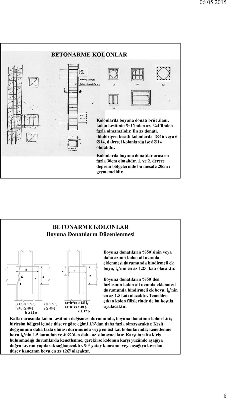 derece deprem bölgelerinde bu mesafe 20cm i geçmemelidir. BETONARME KOLONLAR Boyuna Donatıların Düzenlenmesi 1 6 b e (a+b) 1.5 l b (a+b) 40 b 12 a e 1.5 l b e 40 c b e a (a+b+c) 1.