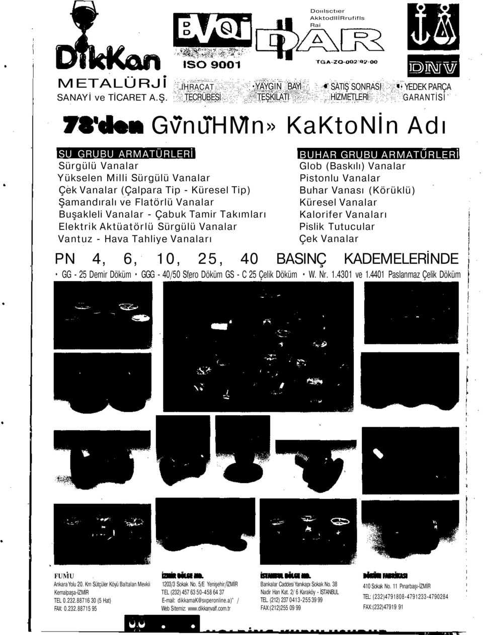 (Çalpara Tip - Küresel Tip) Şamandıralı ve Flatörlü Vanalar Buşakleli Vanalar - Çabuk Tamir Takımları Elektrik Aktüatörlü Sürgülü Vanalar Vantuz - Hava Tahliye Vanaları BUHAR GRUBU ARMATÜRLERİ Glob