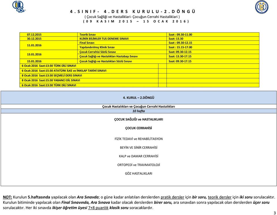 15 15.01.2016 Çocuk Sağlığı ve Hastalıkları Sözlü Sınavı Saat: 09.30-17.