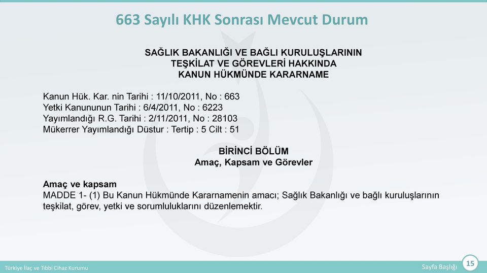 Tarihi : 2/11/2011, No : 28103 Mükerrer Yayımlandığı Düstur : Tertip : 5 Cilt : 51 SAĞLIK BAKANLIĞI VE BAĞLI KURULUŞLARININ TEŞKİLAT