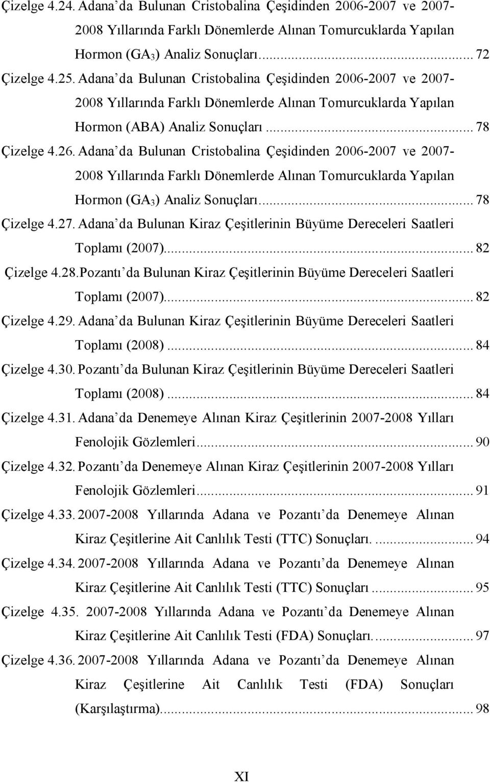 Adana da Bulunan Cristobalina Çeşidinden 2006-2007 ve 2007-2008 Yıllarında Farklı Dönemlerde Alınan Tomurcuklarda Yapılan Hormon (GA 3 ) Analiz Sonuçları... 78 Çizelge 4.27.