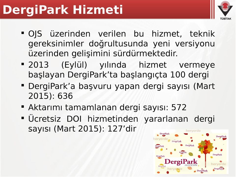 2013 (Eylül) yılında hizmet vermeye başlayan DergiPark ta başlangıçta 100 dergi DergiPark a