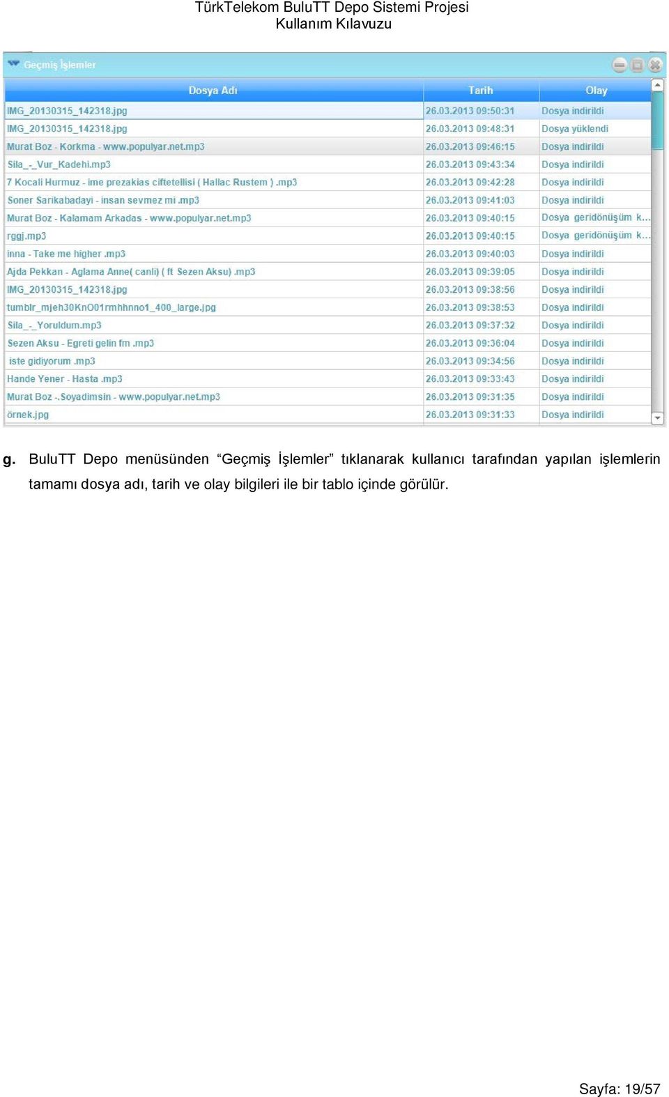 işlemlerin tamamı dosya adı, tarih ve olay