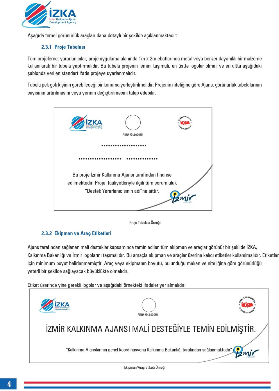 Bu tabela projenin ismini taşımalı, en üstte logolar olmalı ve en altta aşağıdaki şablonda verilen standart ifade projeye uyarlanmalıdır.