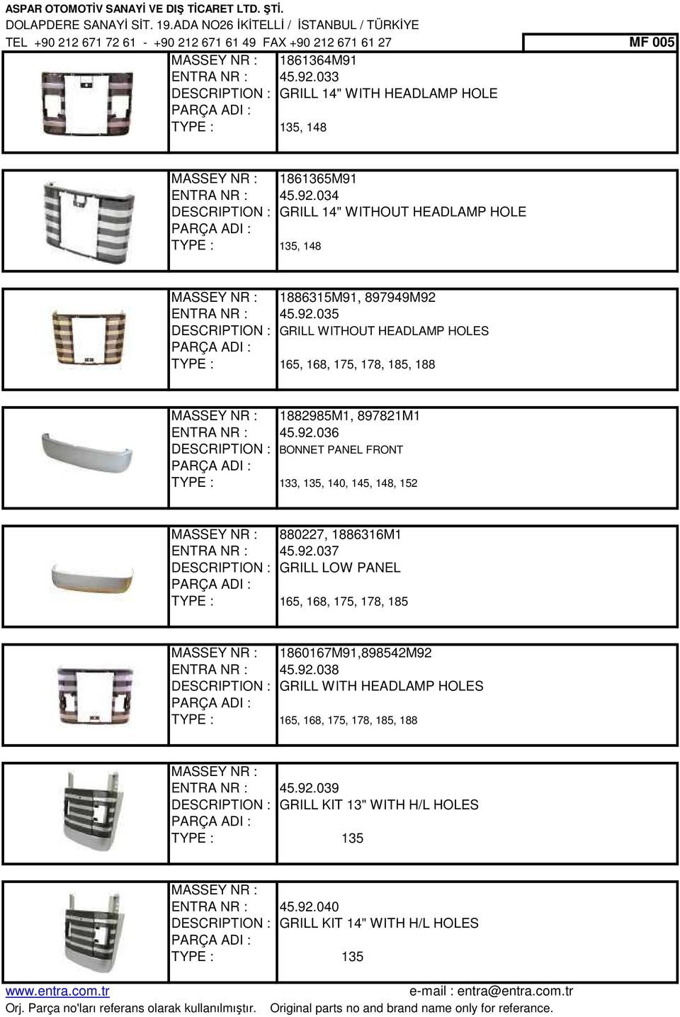 034 DESCRIPTION : GRILL 14" WITHOUT HEADLAMP HOLE 135, 148 MASSEY NR : 1886315M91, 897949M92 