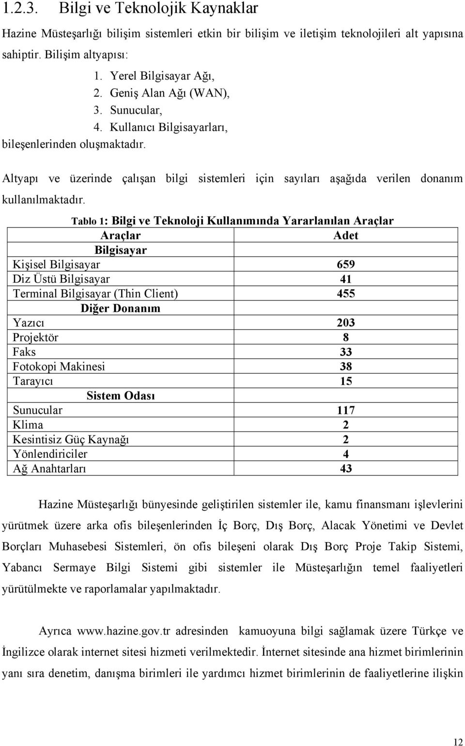 Tablo 1: Bilgi ve Teknoloji Kullanımında Yararlanılan Araçlar Araçlar Adet Bilgisayar Kişisel Bilgisayar 659 Diz Üstü Bilgisayar 41 Terminal Bilgisayar (Thin Client) 455 Diğer Donanım Yazıcı 203