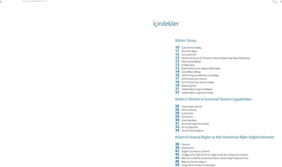 Hermes 18 2014 Yılında Euler Hermes Türkiye 19 Alacak Sigortası 21 Faaliyet Raporu Uygunluk Beyanı 22 Faaliyet Raporu Uygunluk Görüşü Bölüm II Yönetim ve Kurumsal Yönetim Uygulamaları 26 Organizasyon