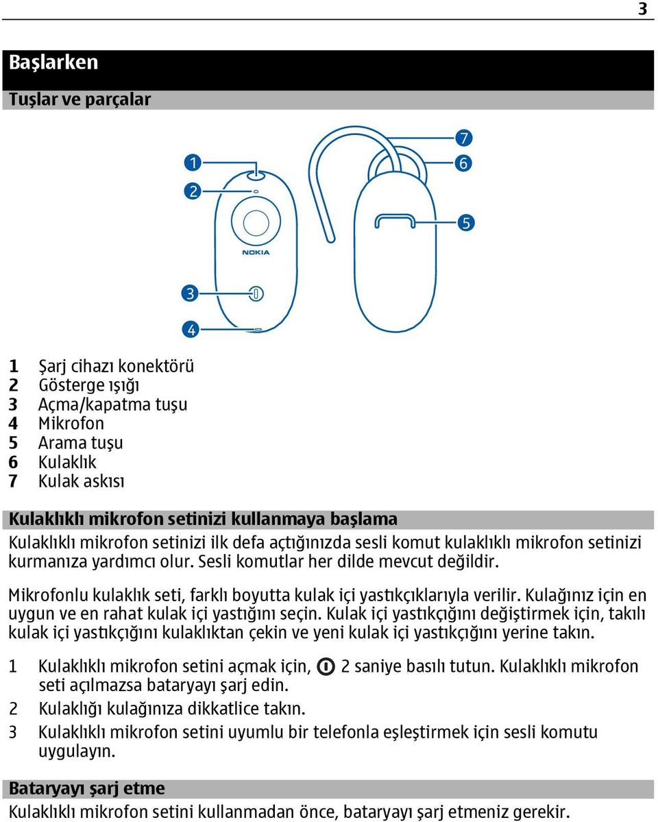 Mikrofonlu kulaklık seti, farklı boyutta kulak içi yastıkçıklarıyla verilir. Kulağınız için en uygun ve en rahat kulak içi yastığını seçin.