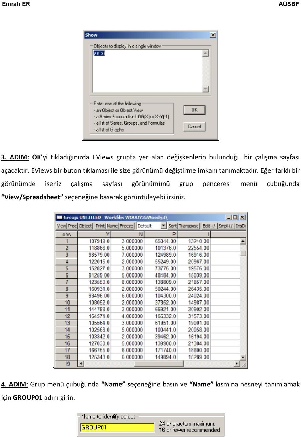 Eğer farklı bir görünümde iseniz çalışma sayfası görünümünü grup penceresi menü çubuğunda View/Spreadsheet