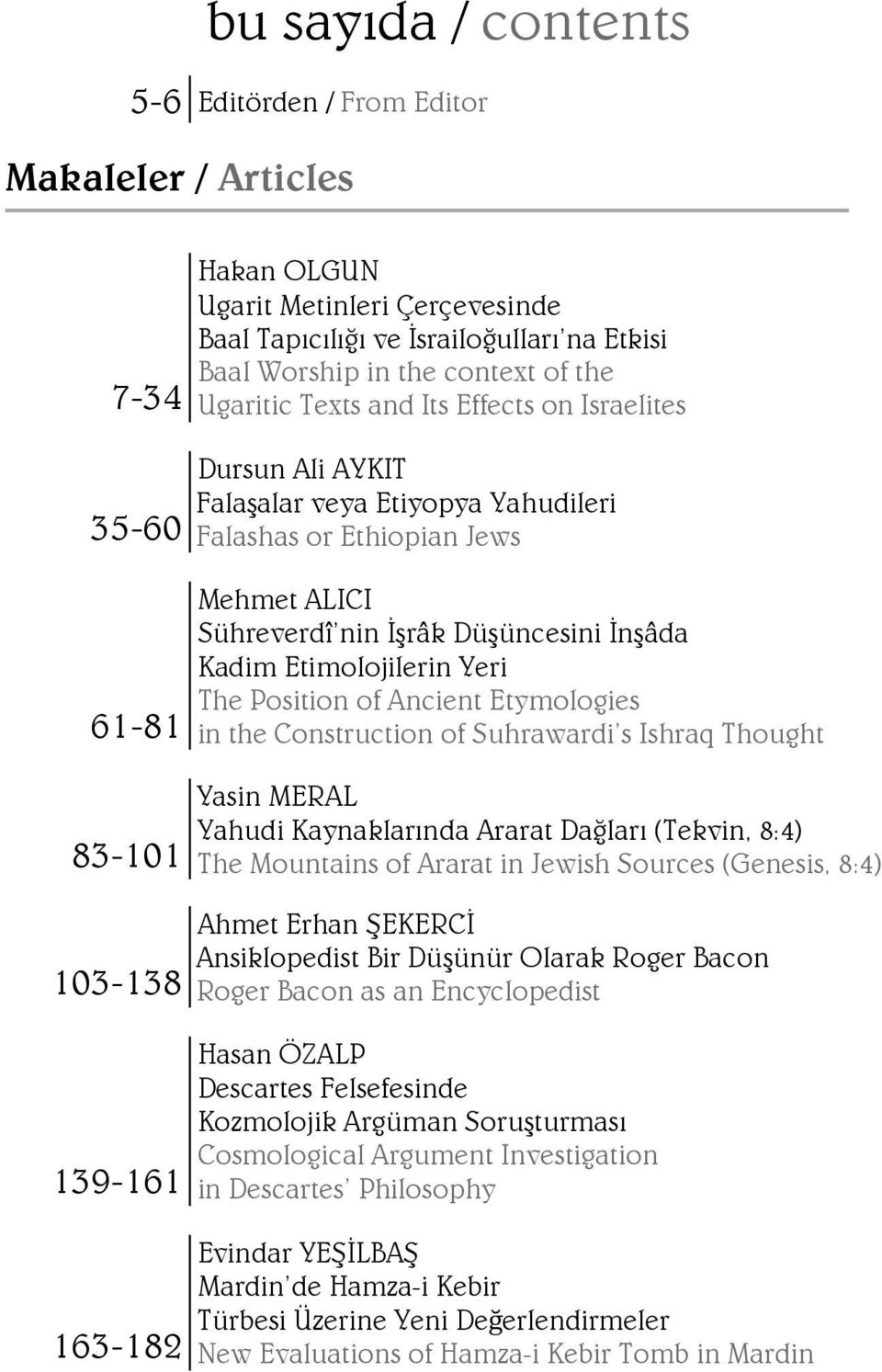 Düşüncesini İnşâda Kadim Etimolojilerin Yeri The Position of Ancient Etymologies in the Construction of Suhrawardi s Ishraq Thought Yasin MERAL Yahudi Kaynaklarında Ararat Dağları (Tekvin, 8:4) The