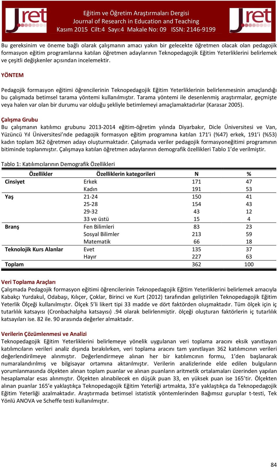 YÖNTEM Pedagojik formasyon eğitimi öğrencilerinin Teknopedagojik Eğitim Yeterliklerinin belirlenmesinin amaçlandığı bu çalışmada betimsel tarama yöntemi kullanılmıştır.