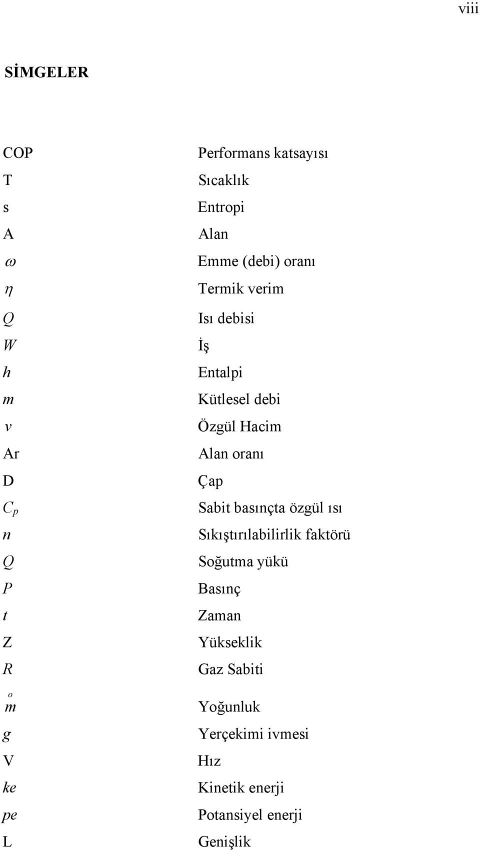 Hacim Alan oranı Çap Sabit basınçta özgül ısı Sıkıştırılabilirlik faktörü Soğutma yükü Basınç