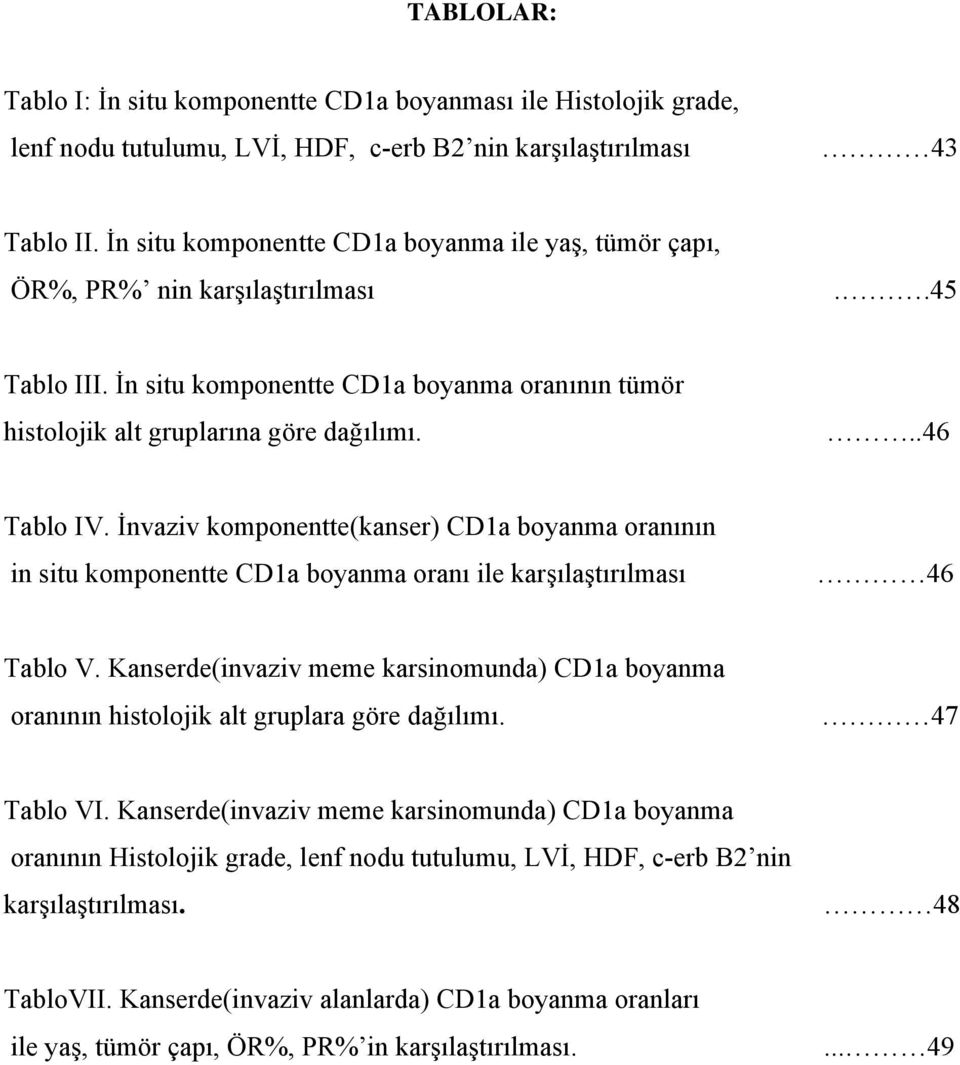 İnvaziv komponentte(kanser) CD1a boyanma oranının in situ komponentte CD1a boyanma oranı ile karşılaştırılması 46 Tablo V.