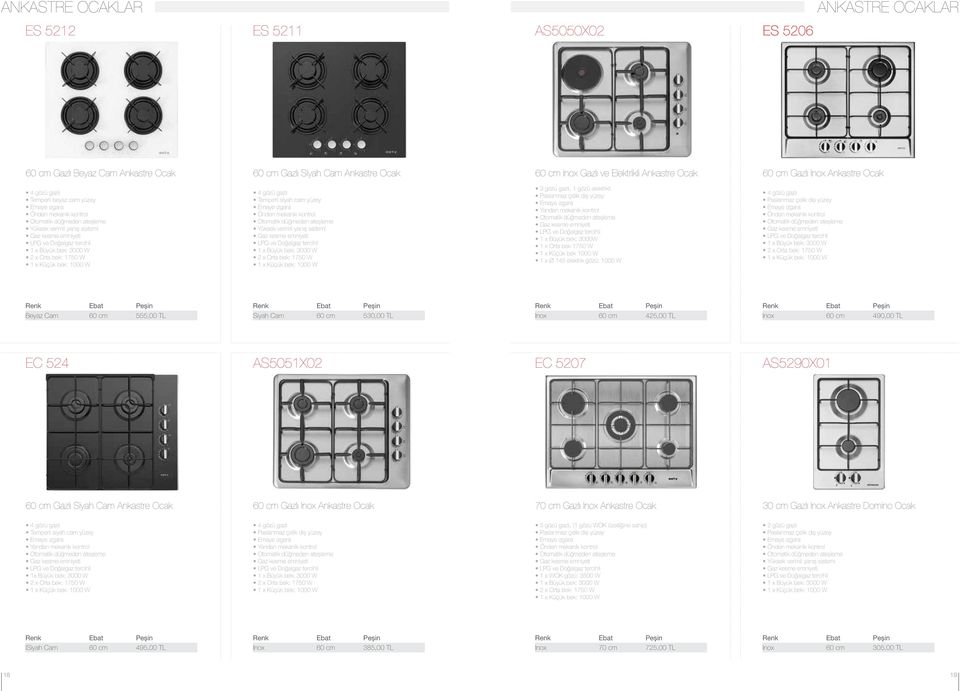 bek: 3000 W 2 x Orta bek: 1750 W 1 x Küçük bek: 1000 W 4 gözü gazlı Temperli siyah cam yüzey Emaye ızgara Önden mekanik kontrol Otomatik düğmeden ateşleme Yüksek verimli yanış sistemi Gaz kesme