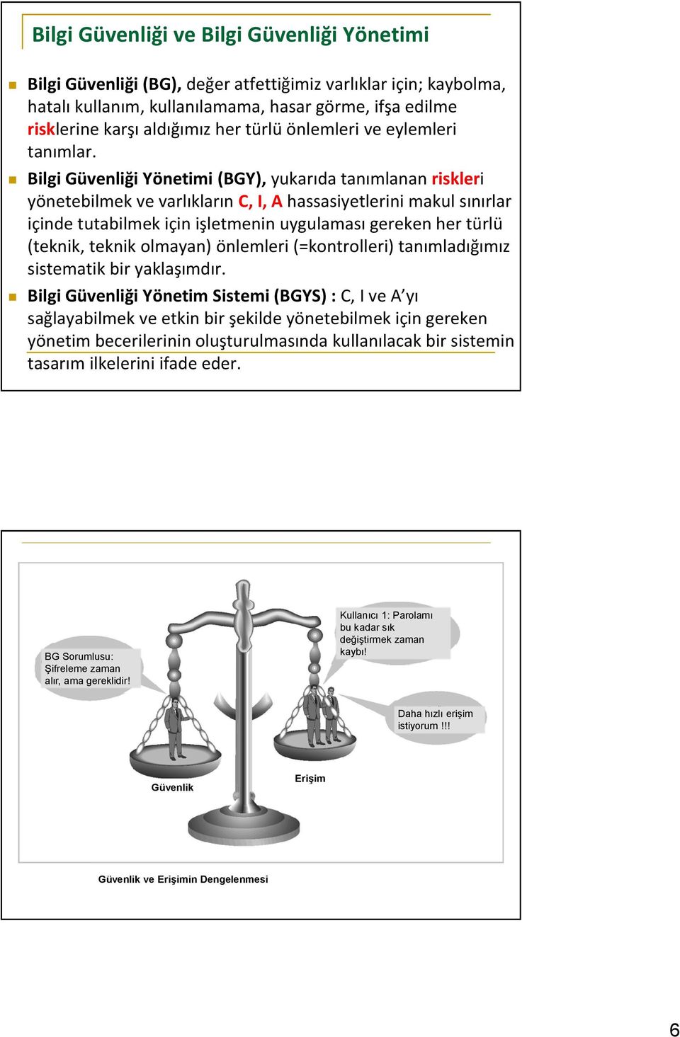 Bilgi Güvenliği Yönetimi (BGY), yukarıda tanımlanan riskleri yönetebilmek ve varlıkların C, I, A hassasiyetlerini makul sınırlar içinde tutabilmek için işletmenin uygulaması gereken her türlü