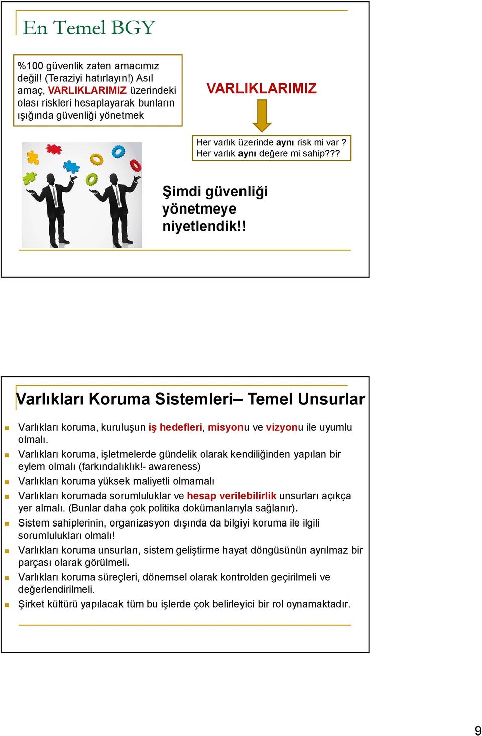 ?? Şimdi güvenliği yönetmeye niyetlendik!! Varlıkları Koruma Sistemleri Temel Unsurlar Varlıkları koruma, kuruluşun iş hedefleri, misyonu ve vizyonu ile uyumlu olmalı.