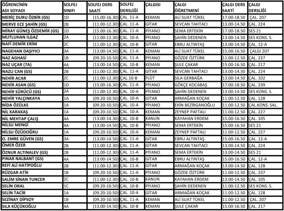 00-14.50 ÇAL. 12-A NAGEHAN DAŞIYICI 3A (13.00-14.50) ÇAL. 11-A KEMAN ALİ SUAT TÜKEL 15.00-16.50 ÇALGI 207 NAZ AGHASİ 1B (09.20-10.50) ÇAL. 11-A PİYANO GÖZDE ÖZTÜRK 11.00-12.50 ÇAL. 237 NAZ UÇAR (7A) 4A (13.