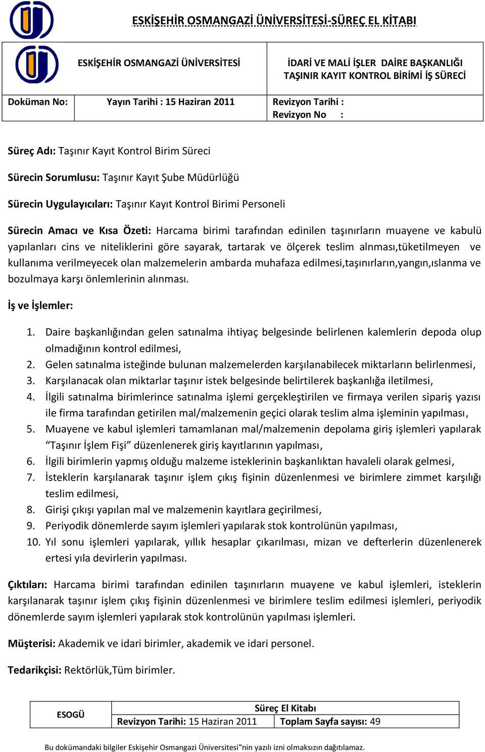 tartarak ve ölçerek teslim alnması,tüketilmeyen ve kullanıma verilmeyecek olan malzemelerin ambarda muhafaza edilmesi,taşınırların,yangın,ıslanma ve bozulmaya karşı önlemlerinin alınması.