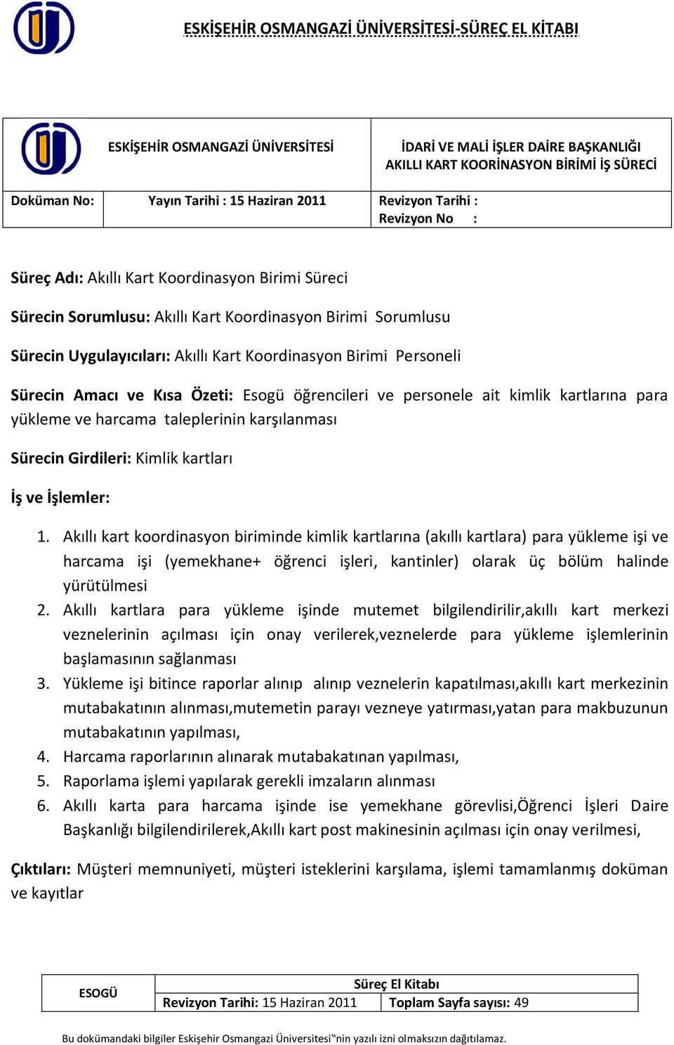 karşılanması Sürecin Girdileri: Kimlik kartları İş ve İşlemler: 1.