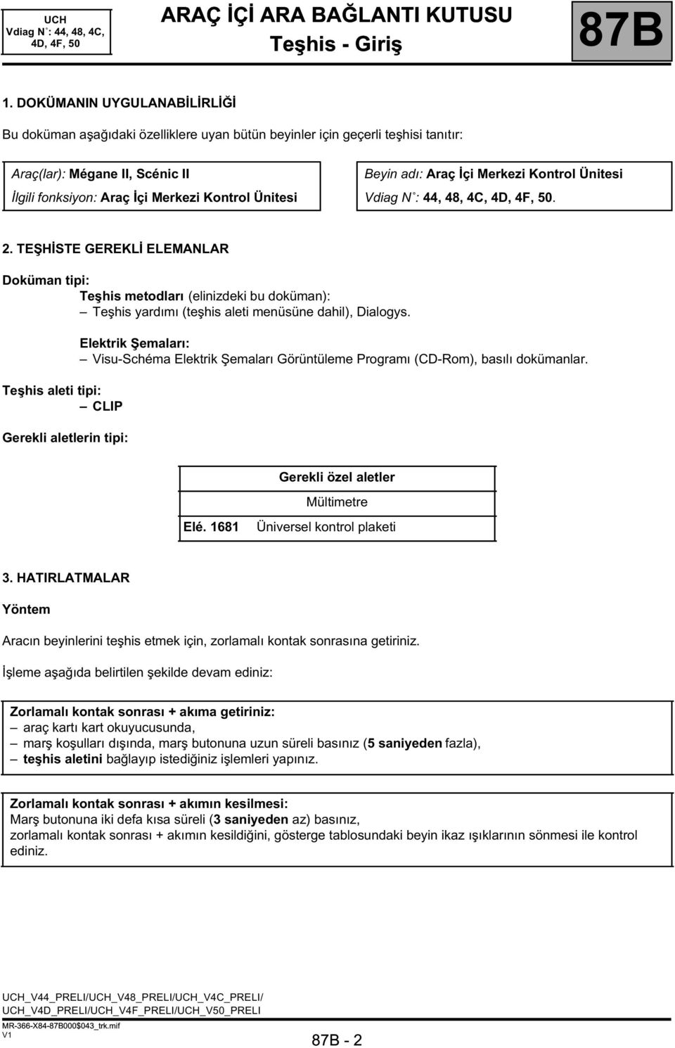 adı: Araç İçi Merkezi Kontrol Ünitesi. 2. TEŞHİSTE GEREKLİ ELEMANLAR Doküman tipi: Teşhis metodları (elinizdeki bu doküman): Teşhis yardımı (teşhis aleti menüsüne dahil), Dialogys.