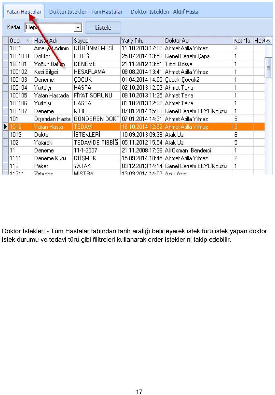 doktor istek durumu ve tedavi türü gibi