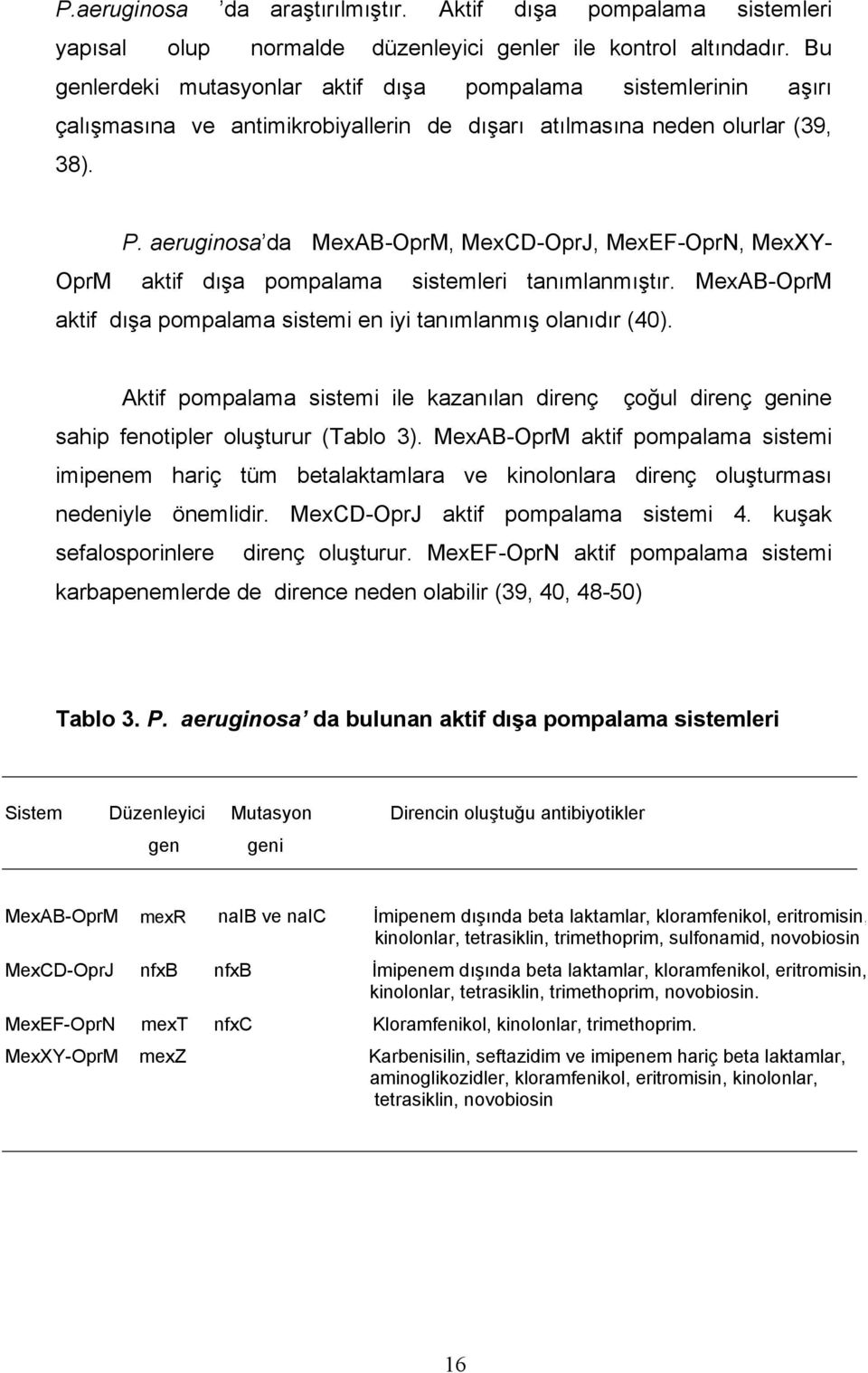 aeruginosa da MexAB-OprM, MexCD-OprJ, MexEF-OprN, MexXY- OprM aktif dışa pompalama sistemleri tanımlanmıştır. MexAB-OprM aktif dışa pompalama sistemi en iyi tanımlanmış olanıdır (40).