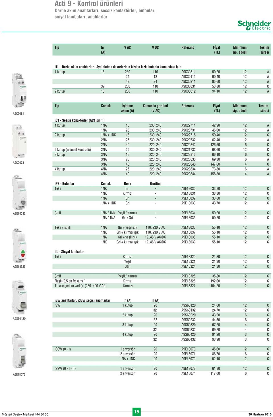 60 12 A 32 230 110 A9C30831 53.80 12 C 2 kutup 16 230 110 A9C30812 94.10 12 A A9C30811 A9C20731 Tip Kontak flletme Kumanda gerilimi Referans Fiyat Minimum Teslim ak m (A) (V AC) (TL) sip.