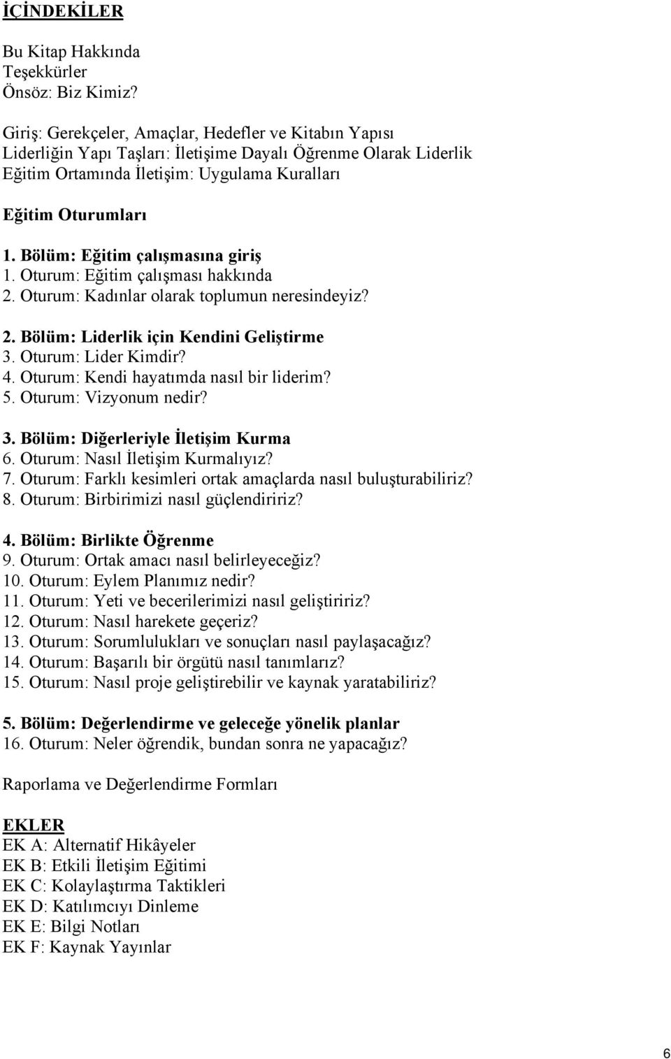 Bölüm: Eğitim çalışmasına giriş 1. Oturum: Eğitim çalışması hakkında 2. Oturum: Kadınlar olarak toplumun neresindeyiz? 2. Bölüm: Liderlik için Kendini Geliştirme 3. Oturum: Lider Kimdir? 4.