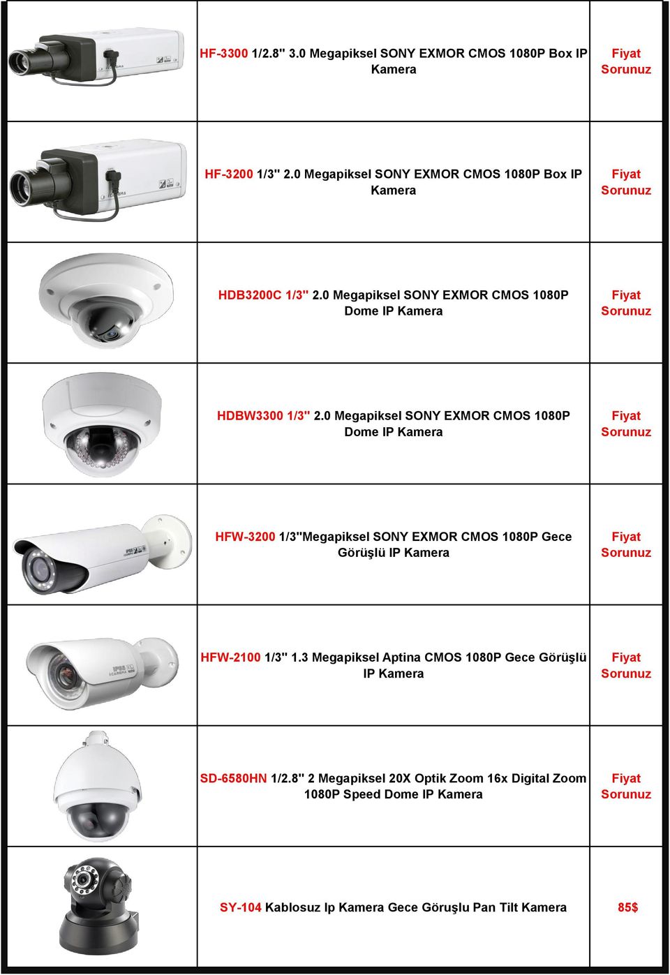 0 Megapiksel SONY EXMOR CMOS 1080P Dome IP Kamera HFW-3200 1/3''Megapiksel SONY EXMOR CMOS 1080P Gece Görüşlü IP Kamera HFW-2100 1/3'' 1.