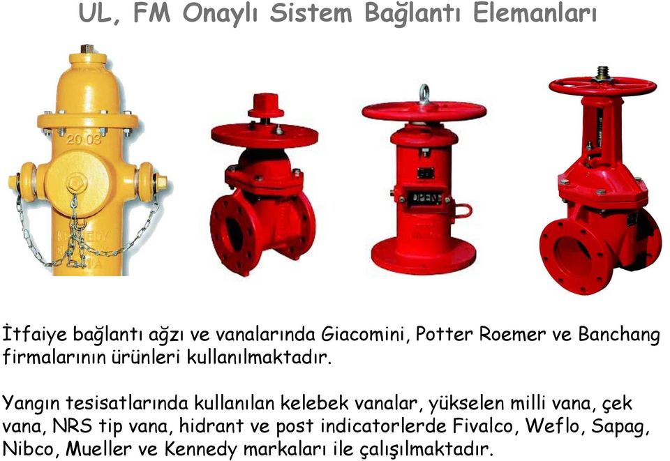 Yangın tesisatlarında kullanılan kelebek vanalar, yükselen milli vana, çek vana, NRS tip