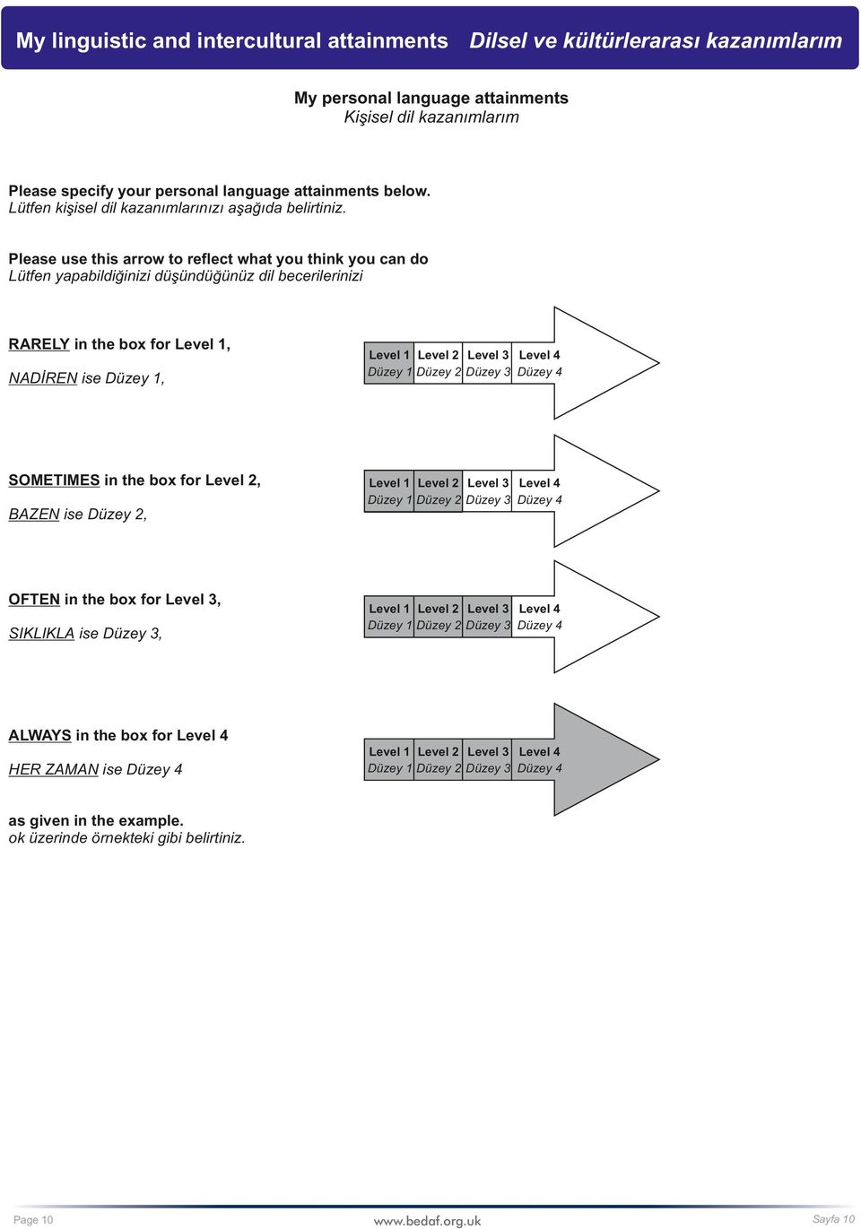 Please use this arrow to reflect what you think you can do Lütfen yapabildiğinizi düşündüğünüz dil becerilerinizi RARELY in the box for Level 1, NADİREN ise Düzey 1, SOMETIMES in the box for Level 2,