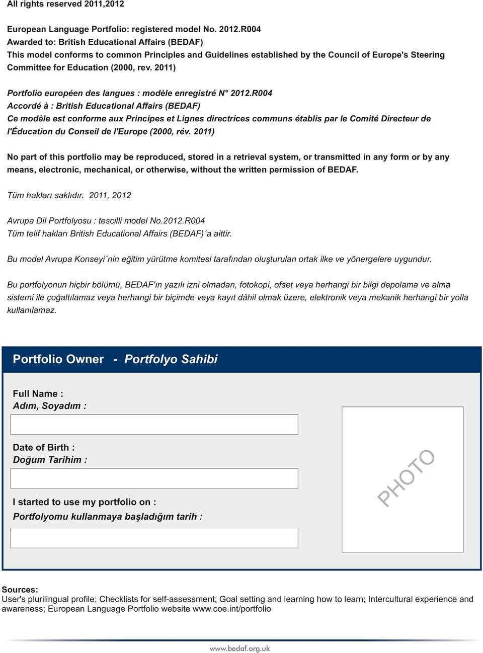 2011) Portfolio européen des langues : modèle enregistré N 2012.