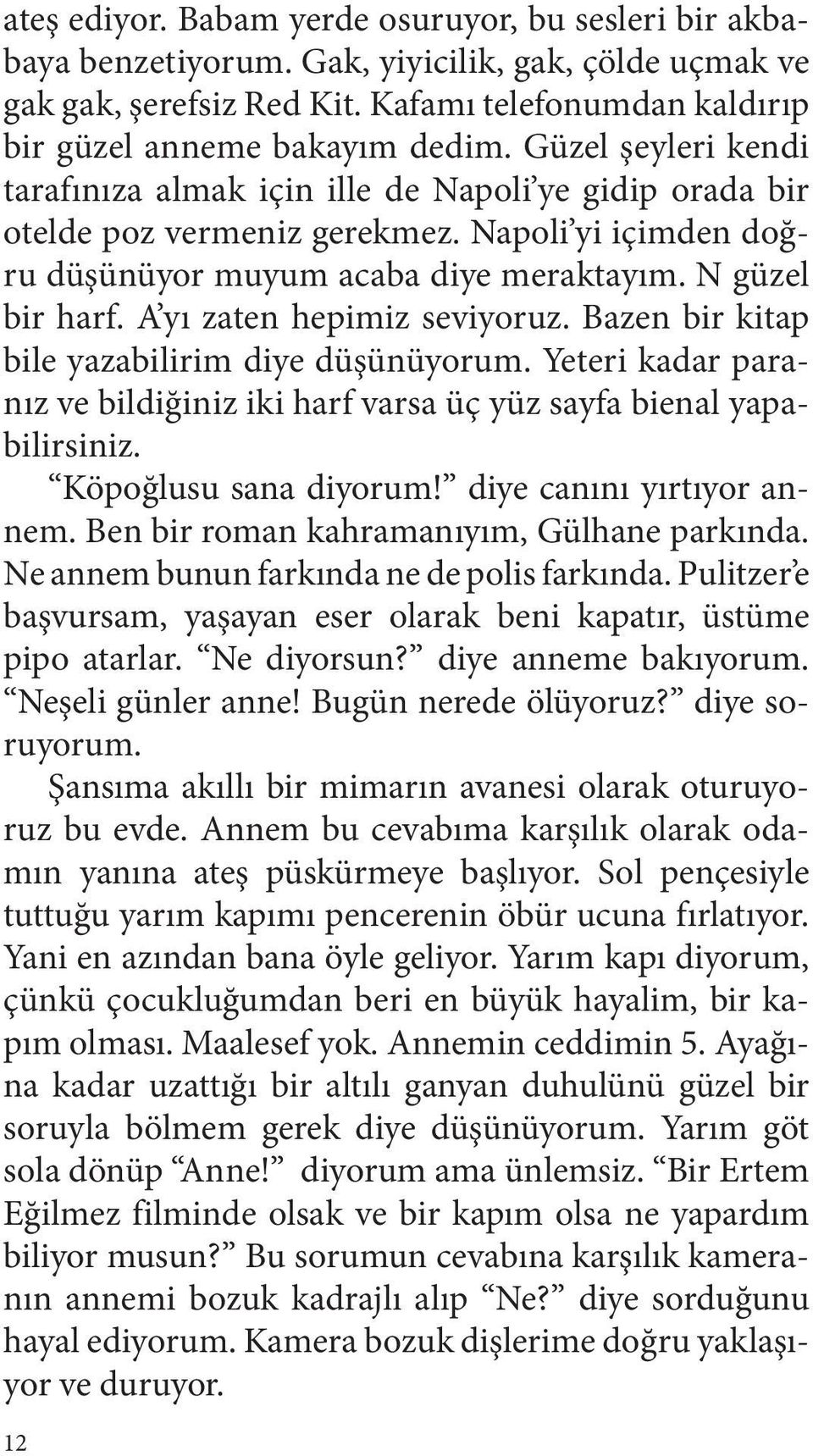 A yı zaten hepimiz seviyoruz. Bazen bir kitap bile yazabilirim diye düşünüyorum. Yeteri kadar paranız ve bildiğiniz iki harf varsa üç yüz sayfa bienal yapabilirsiniz. Köpoğlusu sana diyorum!