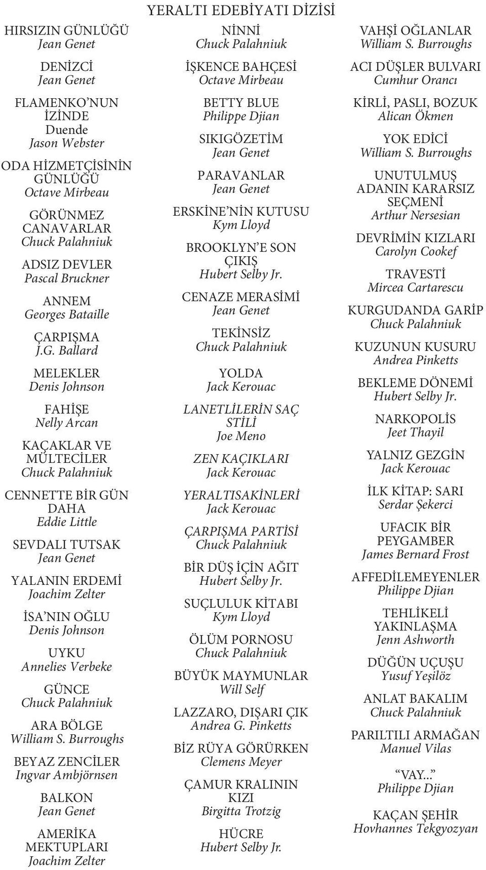 Ballard MELEKLER Denis Johnson FAHİŞE Nelly Arcan KAÇAKLAR VE MÜLTECİLER CENNETTE BİR GÜN DAHA Eddie Little SEVDALI TUTSAK Jean Genet YALANIN ERDEMİ Joachim Zelter İSA NIN OĞLU Denis Johnson UYKU