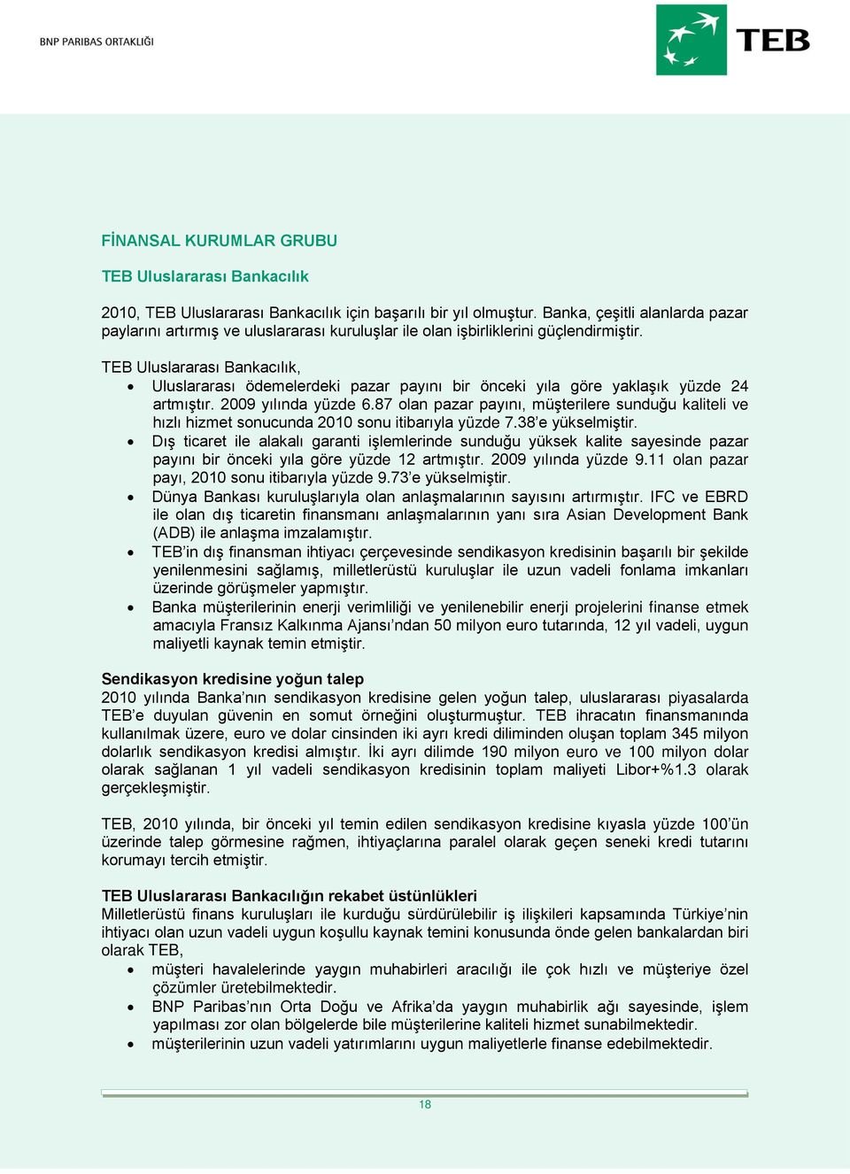 TEB Uluslararası Bankacılık, Uluslararası ödemelerdeki pazar payını bir önceki yıla göre yaklaşık yüzde 24 artmıştır. 2009 yılında yüzde 6.