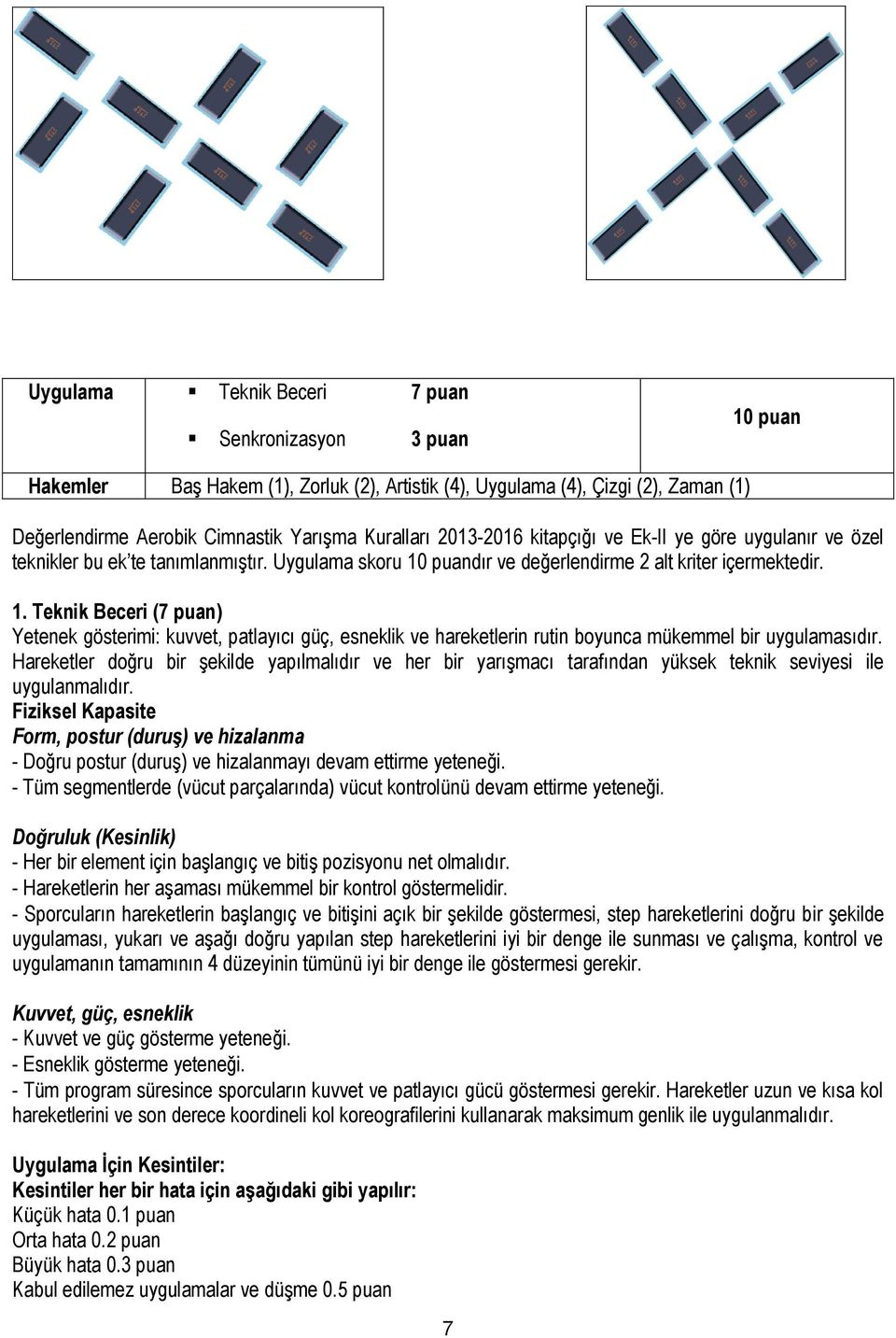 puandır ve değerlendirme 2 alt kriter içermektedir. 1. Teknik Beceri (7 puan) Yetenek gösterimi: kuvvet, patlayıcı güç, esneklik ve hareketlerin rutin boyunca mükemmel bir uygulamasıdır.