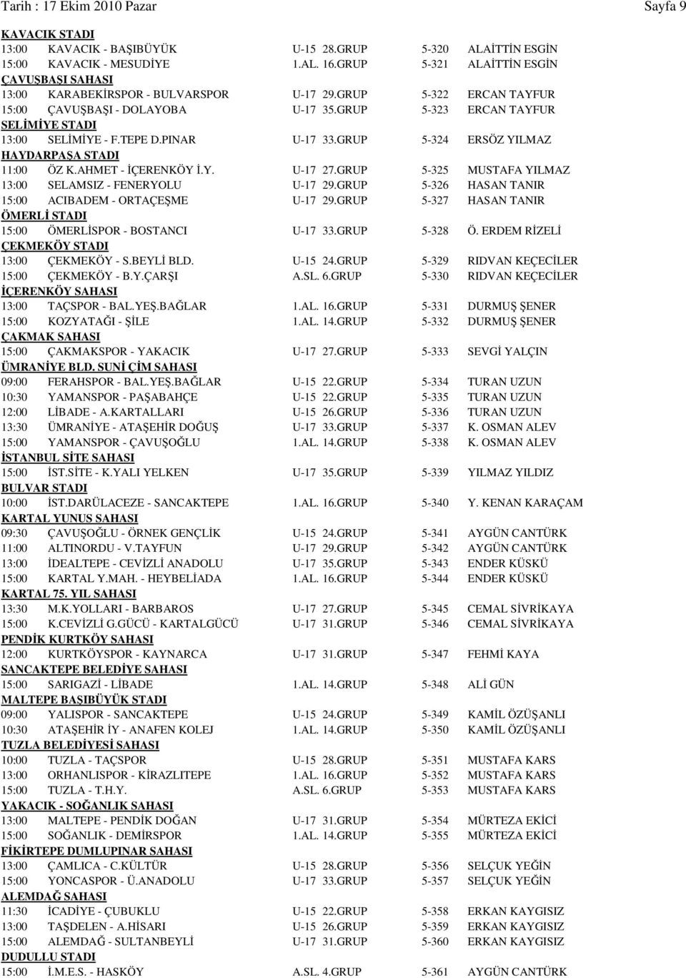 GRUP 5-323 ERCAN TAYFUR SELİMİYE STADI 13:00 SELİMİYE - F.TEPE D.PINAR U-17 33.GRUP 5-324 ERSÖZ YILMAZ HAYDARPAŞA STADI 11:00 ÖZ K.AHMET - İÇERENKÖY İ.Y. U-17 27.