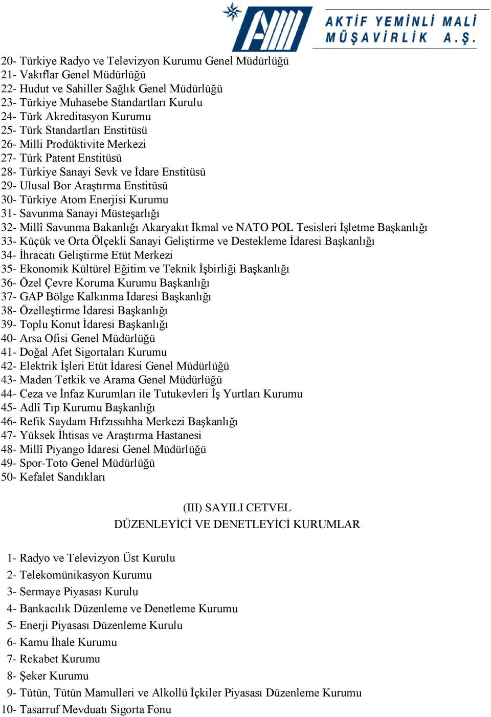 31- Savunma Sanayi Müsteşarlığı 32- Millî Savunma Bakanlığı Akaryakıt İkmal ve NATO POL Tesisleri İşletme Başkanlığı 33- Küçük ve Orta Ölçekli Sanayi Geliştirme ve Destekleme İdaresi Başkanlığı 34-