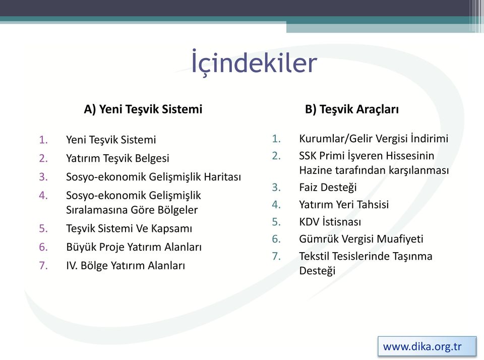 Bölge Yatırım Alanları B) Teşvik Araçları 1. Kurumlar/Gelir Vergisi İndirimi 2.