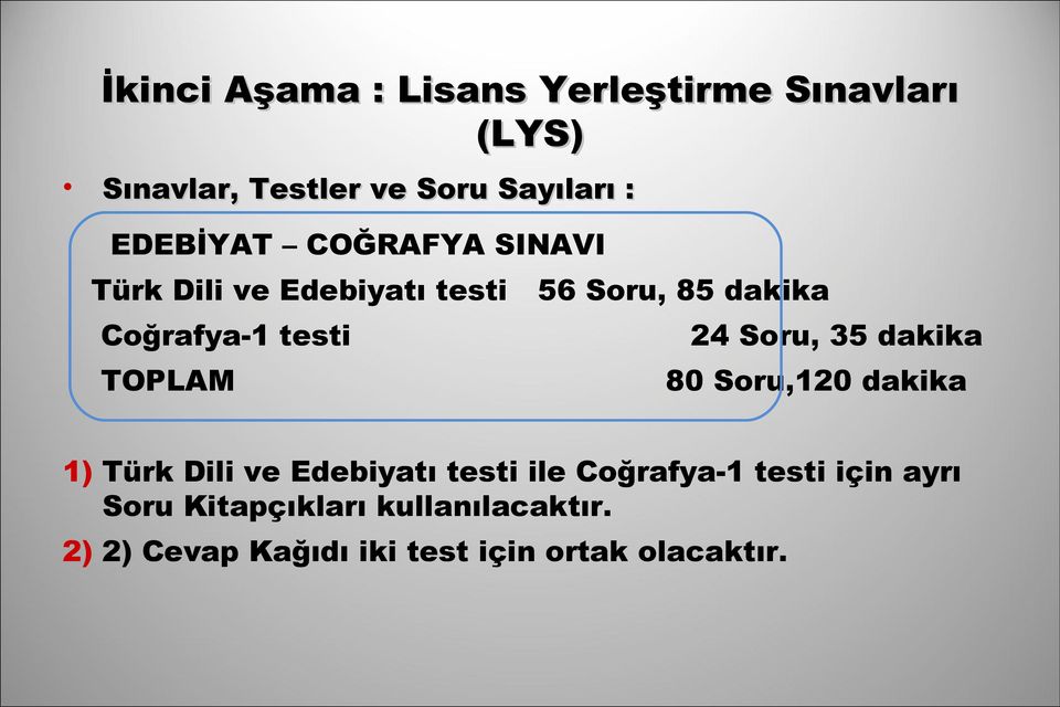 Soru, 35 dakika TOPLAM 80 Soru,120 dakika 1) Türk Dili ve Edebiyatı testi ile Coğrafya-1