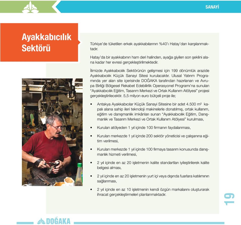 İlimizde Ayakkabıcılık Sektörünün gelişmesi için 199 dönümlük arazide Ayakkabıcılık Küçük Sanayi Sitesi kurulacaktır.