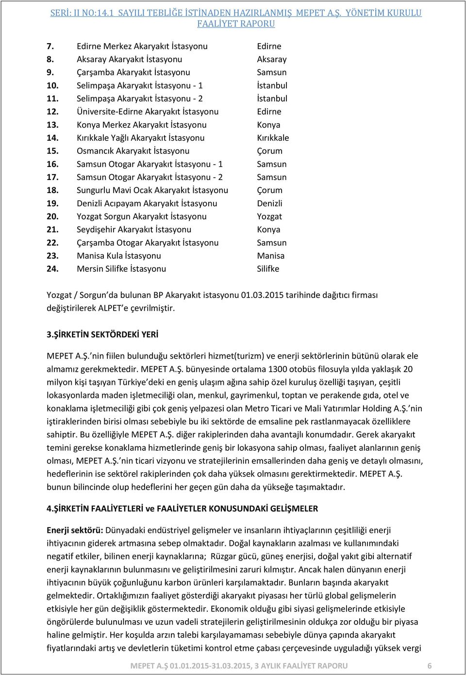 Osmancık Akaryakıt İstasyonu Çorum 16. Samsun Otogar Akaryakıt İstasyonu - 1 Samsun 17. Samsun Otogar Akaryakıt İstasyonu - 2 Samsun 18. Sungurlu Mavi Ocak Akaryakıt İstasyonu Çorum 19.